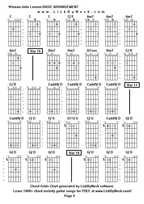 Chord Grids Chart of chord melody fingerstyle guitar song-Woman-John Lennon-BASIC ARRANGEMENT,generated by LickByNeck software.